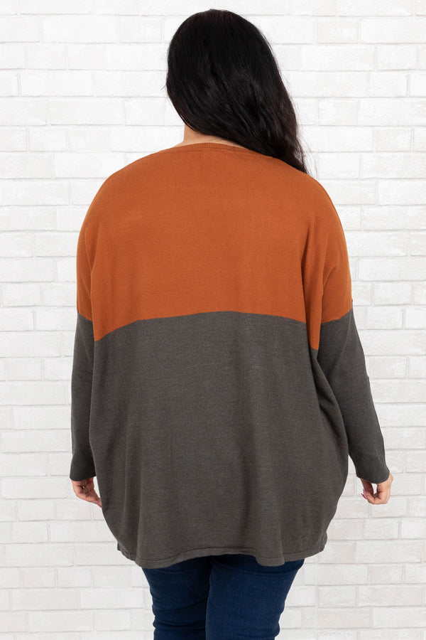 Chic Soul plus size clothing, orange and charcoal long sleeve with pockets