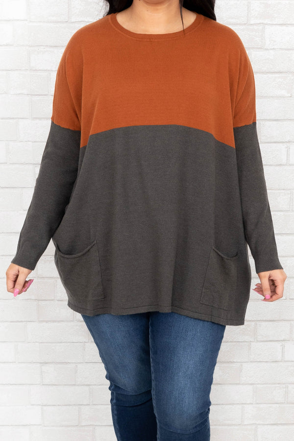 Chic Soul plus size clothing, orange and charcoal long sleeve with pockets