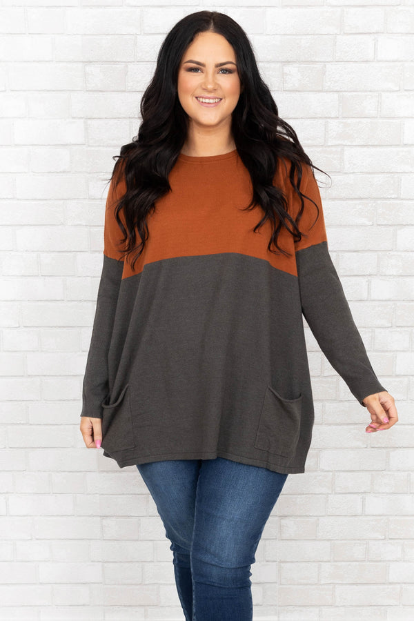 Chic Soul plus size clothing, orange and charcoal long sleeve with pockets