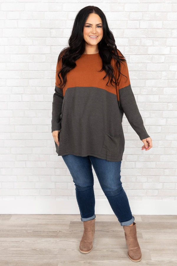 Chic Soul plus size clothing, orange and charcoal long sleeve with pockets