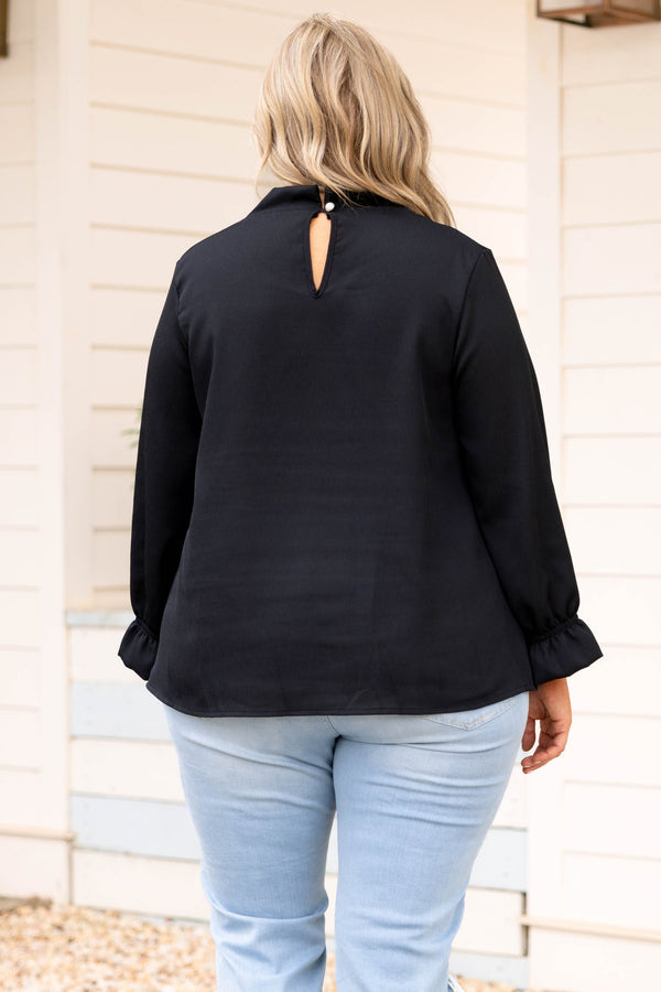 Chic Soul plus size clothing, long sleeve black top with ruffle neckline and sleeves