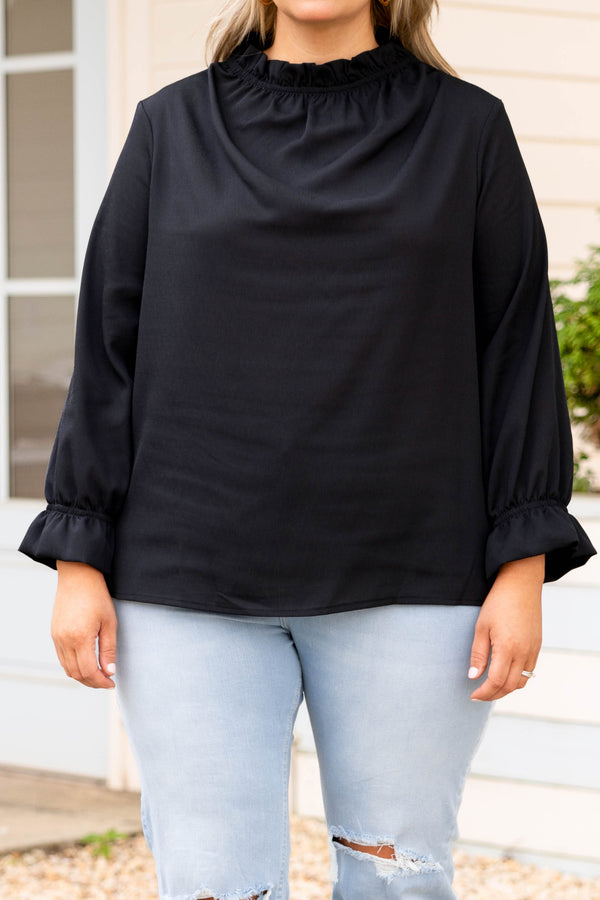 Chic Soul plus size clothing, long sleeve black top with ruffle neckline and sleeves