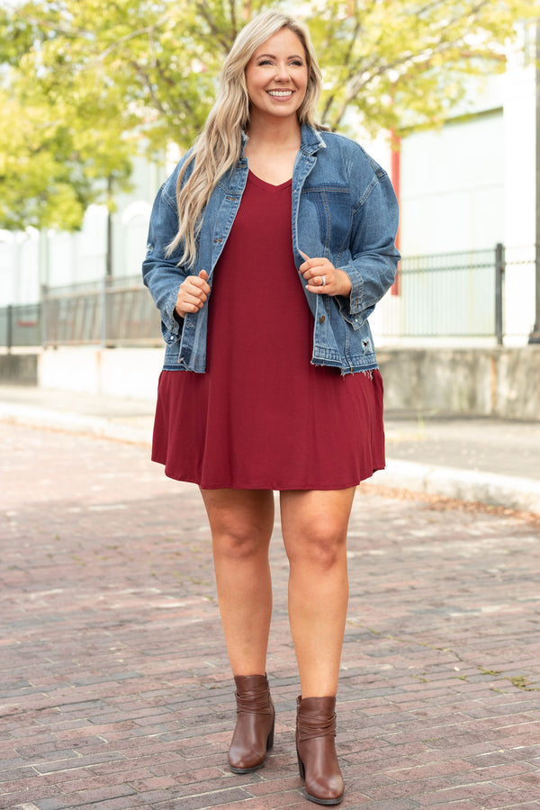 Burgundy dress with deals jean jacket