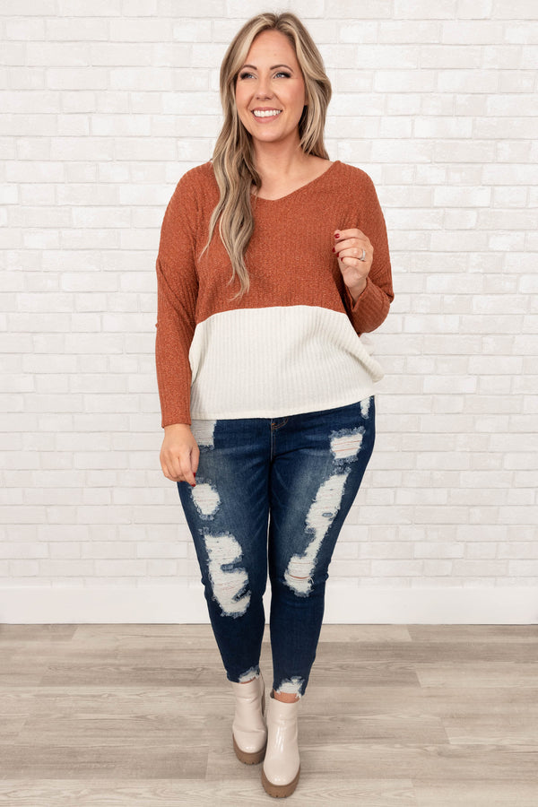 Chic Soul plus size clothing, rust and ivory v neck long sleeve