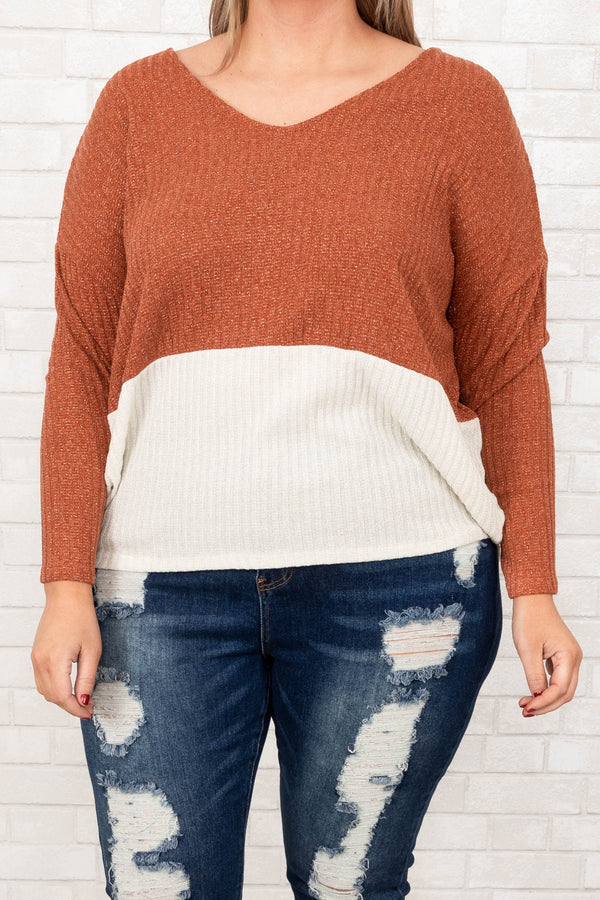 Chic Soul plus size clothing, rust and ivory v neck long sleeve