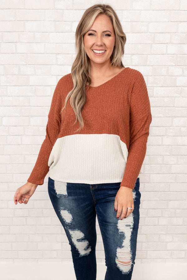 Chic Soul plus size clothing, rust and ivory v neck long sleeve