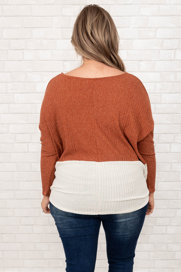 Chic Soul plus size clothing, rust and ivory v neck long sleeve