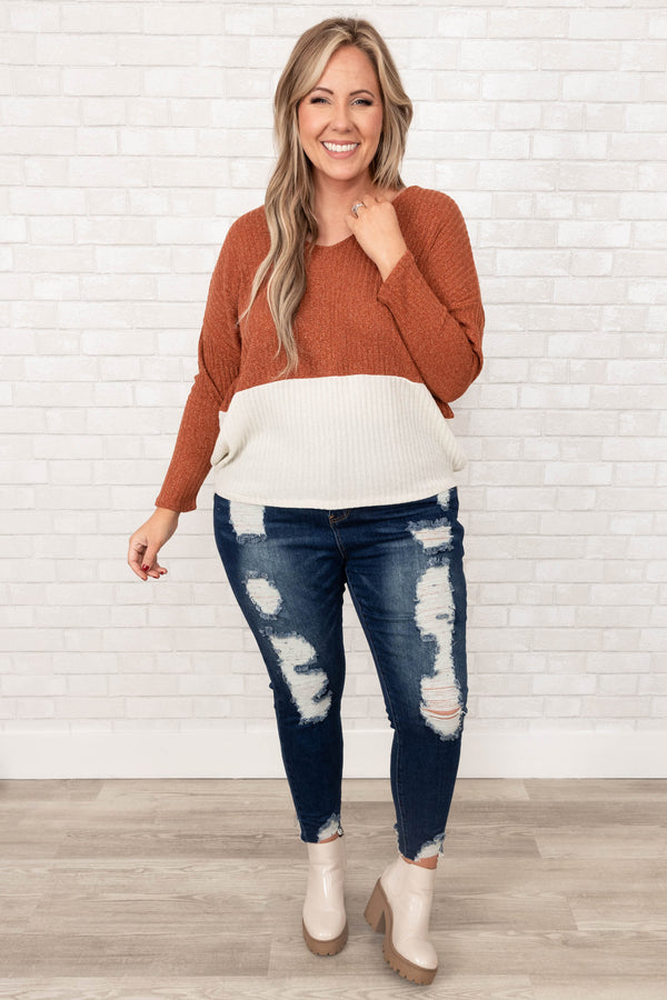 Chic Soul plus size clothing, rust and ivory v neck long sleeve