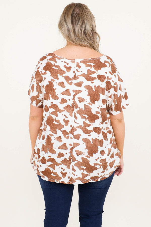 Chic Soul plus size clothing, white v neck graphic tee with brown cow print and short sleeves