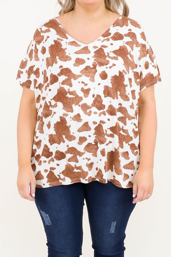 Chic Soul plus size clothing, white v neck graphic tee with brown cow print and short sleeves