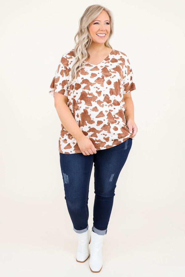 Chic Soul plus size clothing, white v neck graphic tee with brown cow print and short sleeves