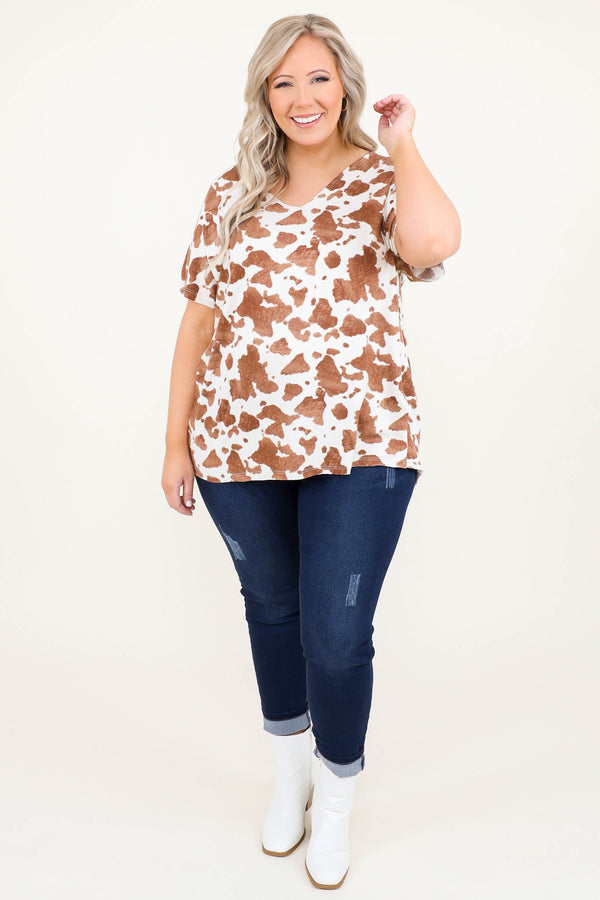 Chic Soul plus size clothing, white v neck graphic tee with brown cow print and short sleeves