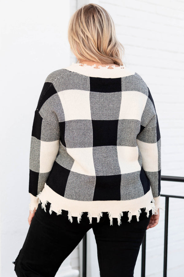 Chic Soul plus size clothing, white and black plaid distressed sweater