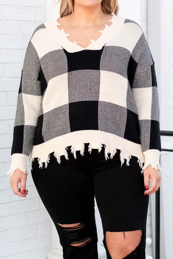 Chic Soul plus size clothing, white and black plaid distressed sweater