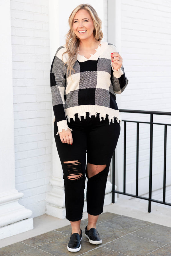 Chic Soul plus size clothing, white and black plaid distressed sweater