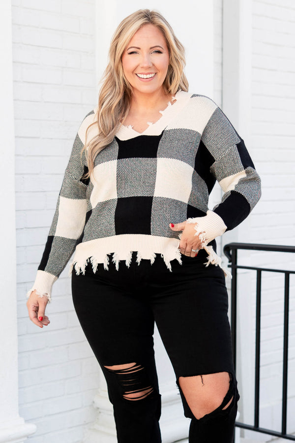 Chic Soul plus size clothing, white and black plaid distressed sweater