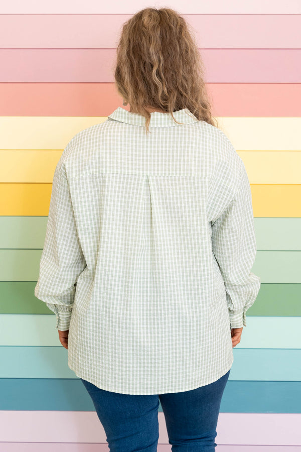 Chic Soul plus size clothing, mint colored plaid button down long sleeves top