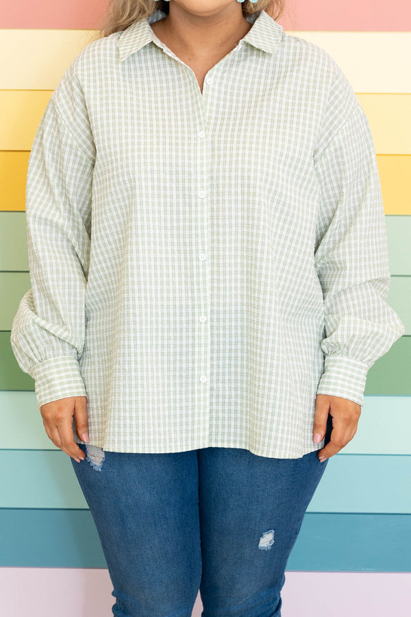 Chic Soul plus size clothing, mint colored plaid button down long sleeves top