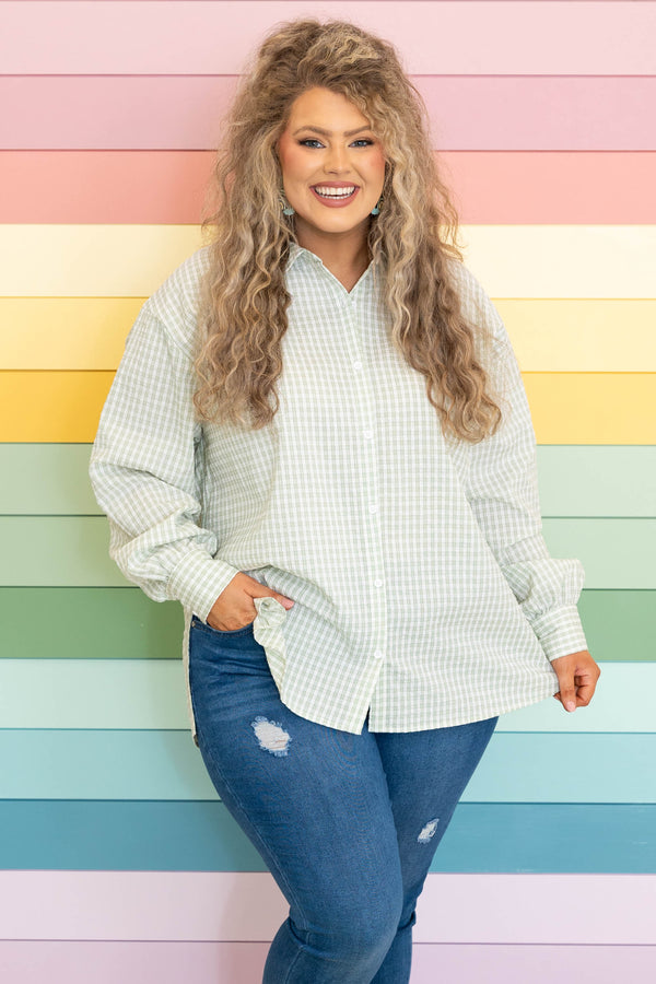 Chic Soul plus size clothing, mint colored plaid button down long sleeves top