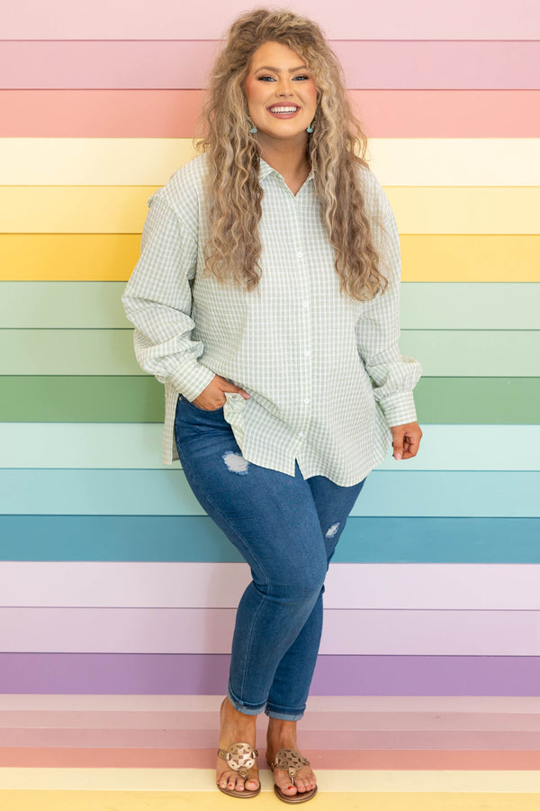 Chic Soul plus size clothing, mint colored plaid button down long sleeves top