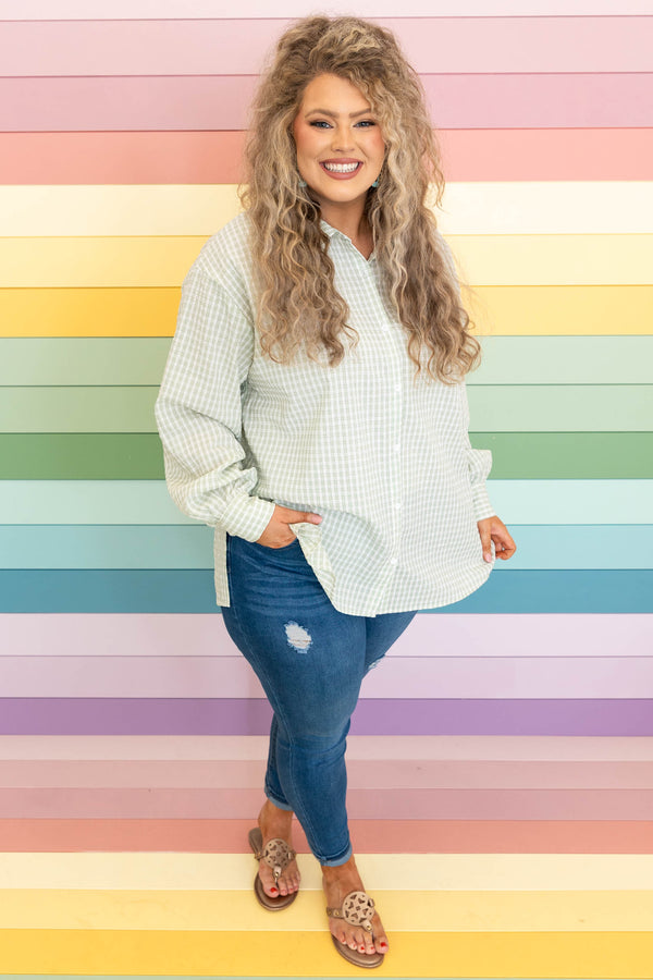Chic Soul plus size clothing, mint colored plaid button down long sleeves top