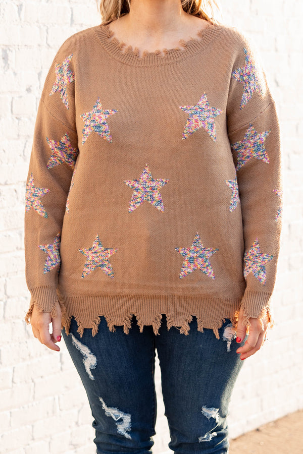 Chic Soul plus size clothing, camel colored distressed sweater with multi colored knit stars
