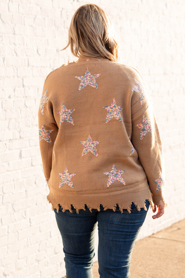 Chic Soul plus size clothing, camel colored distressed sweater with multi colored knit stars