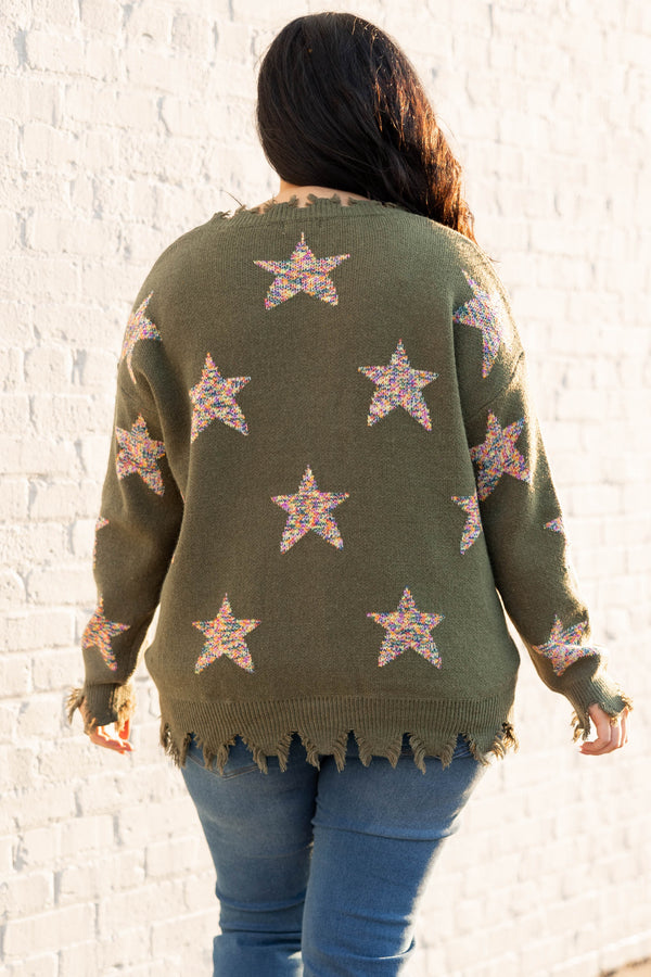 Chic Soul plus size clothing, olive distressed sweater with multi color knit stars