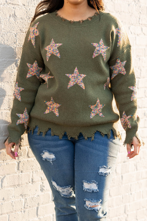 Chic Soul plus size clothing, olive distressed sweater with multi color knit stars