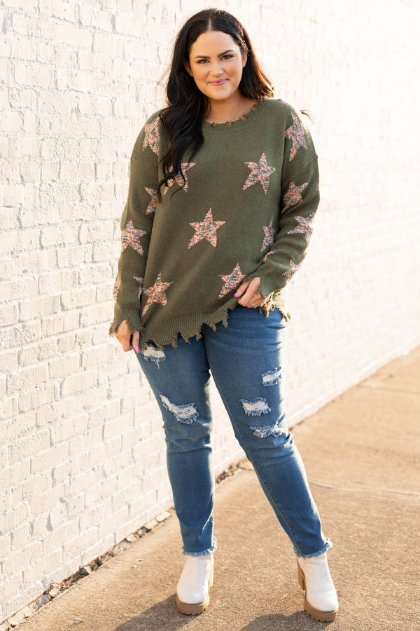 Chic Soul plus size clothing, olive distressed sweater with multi color knit stars
