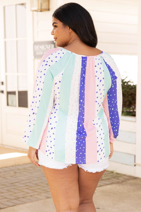 Chic Soul plus size clothing, pink blue mint green multi color leopard swith stripes long sleeve shirt blouse