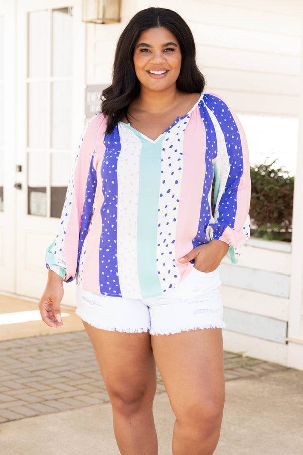 Chic Soul plus size clothing, pink blue mint green multi color leopard swith stripes long sleeve shirt blouse