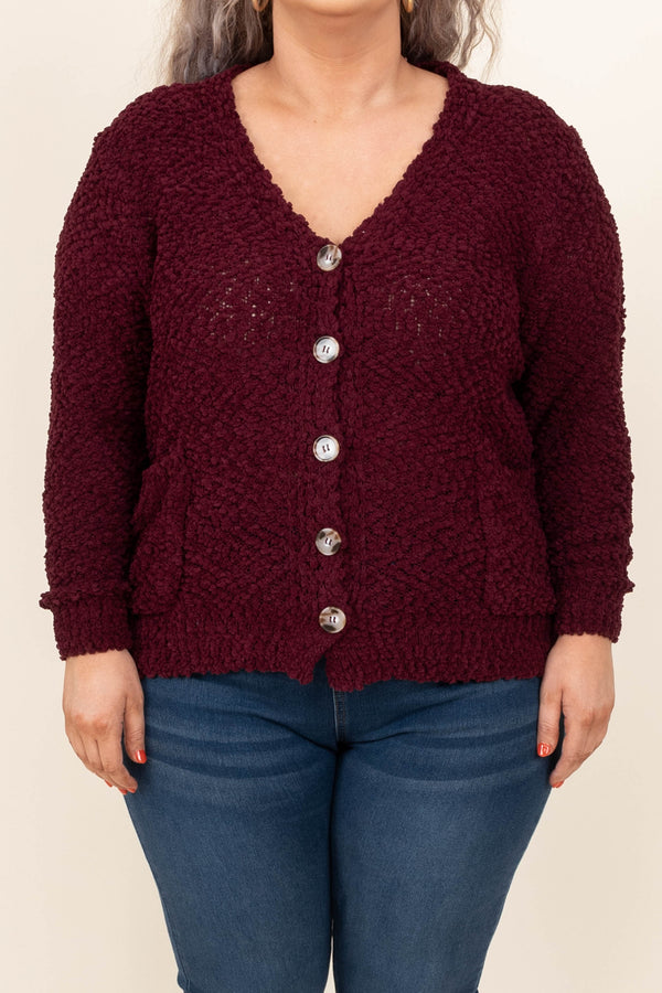 Chic Soul plus size clothing, dark burgundy button up cardigan