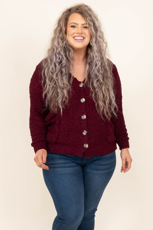 Chic Soul plus size clothing, dark burgundy button up cardigan 