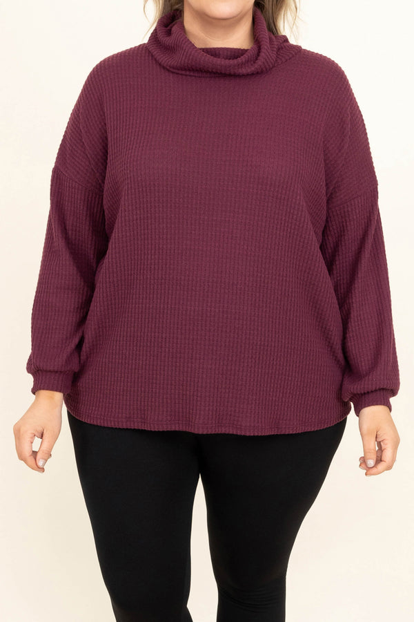 Chic Soul plus size clothing, turtle neck burgundy top