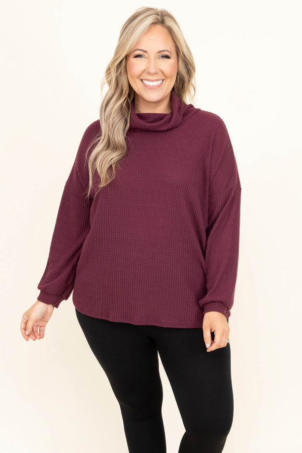 Chic Soul plus size clothing, turtle neck burgundy top
