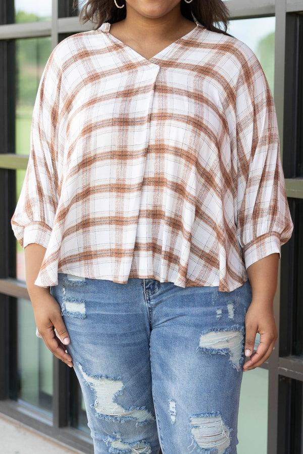Chic Soul plus size clothing, camel plaid three quarter length sleeve top