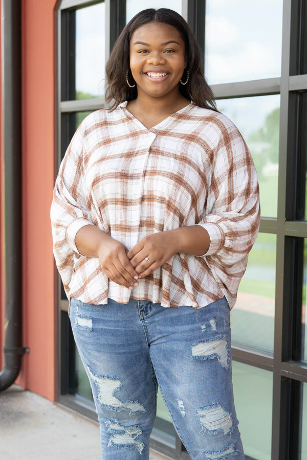 Chic Soul plus size clothing, camel plaid three quarter length sleeve top