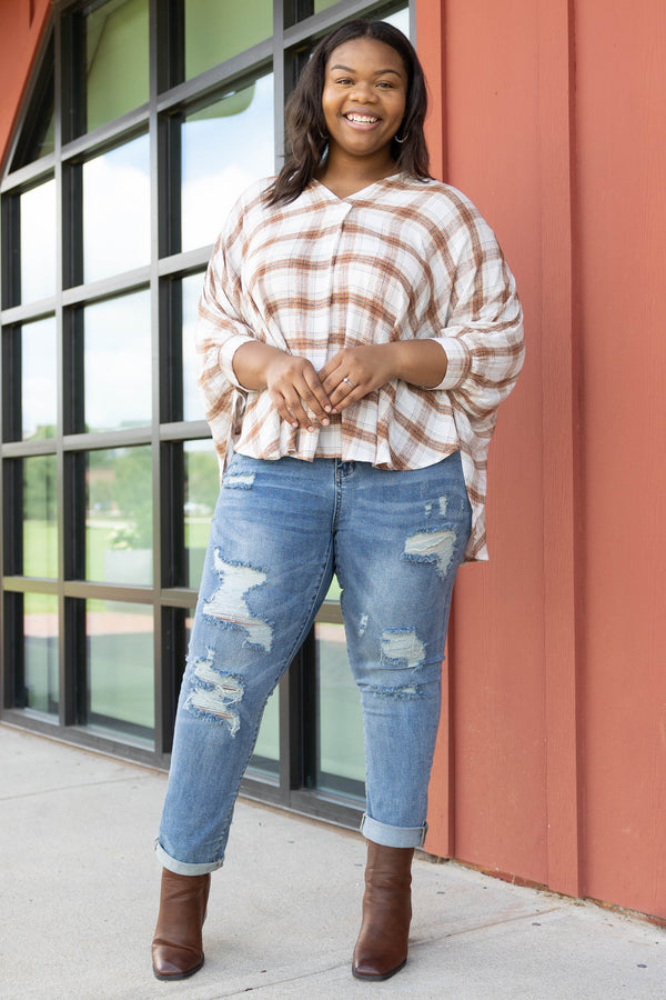 Chic Soul plus size clothing, camel plaid three quarter length sleeve top