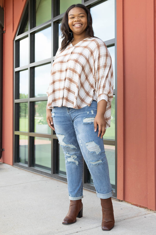 Chic Soul plus size clothing, camel plaid three quarter length sleeve top