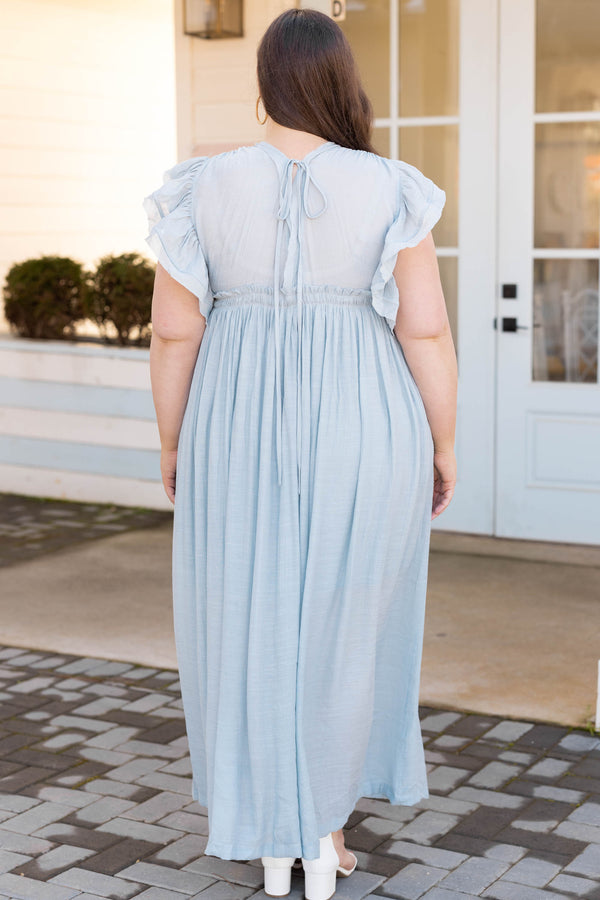 Chic Soul plus size clothing, misty blue v neck short flutter sleeve button down drawstring waist maxi dress