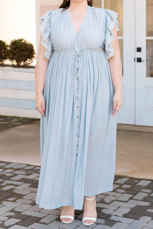 Chic Soul plus size clothing, misty blue v neck short flutter sleeve button down drawstring waist maxi dress