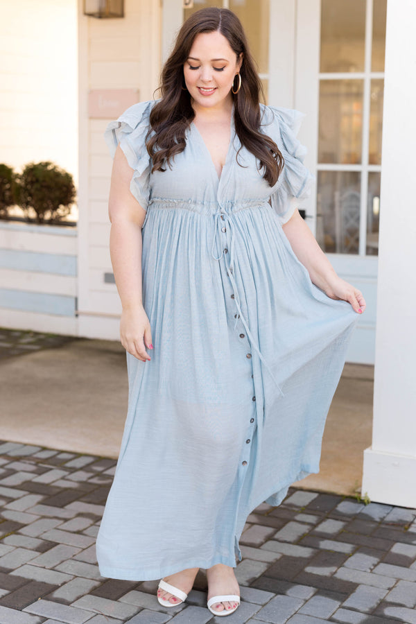 Chic Soul plus size clothing, misty blue v neck short flutter sleeve button down drawstring waist maxi dress