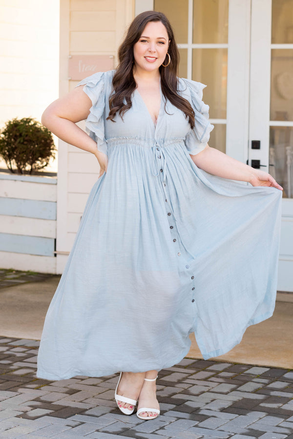 Chic Soul plus size clothing, misty blue v neck short flutter sleeve button down drawstring waist maxi dress