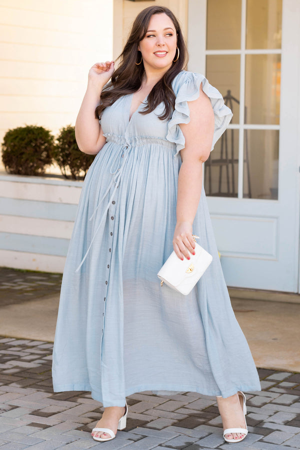 Chic Soul plus size clothing, misty blue v neck short flutter sleeve button down drawstring waist maxi dress