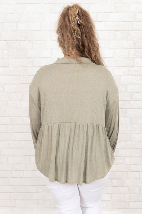 Chic Soul plus size clothing, moss green babydoll style top with bubble sleeves