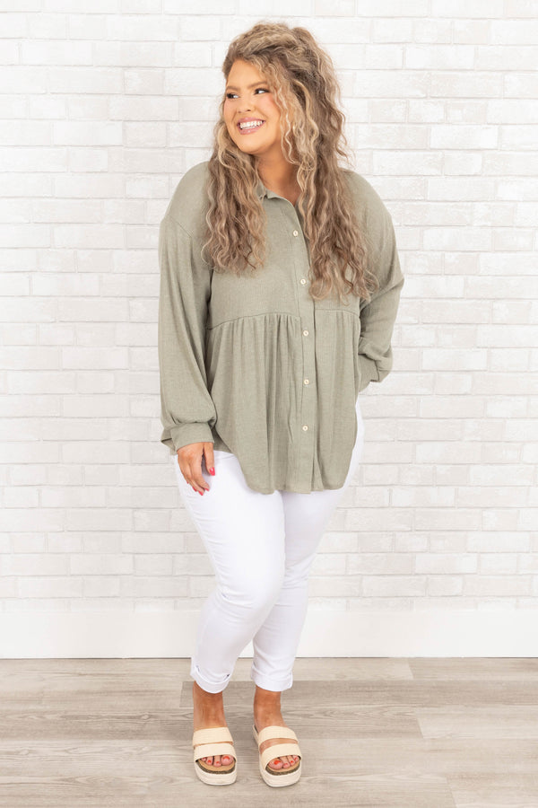 Chic Soul plus size clothing, moss green babydoll style top with bubble sleeves
