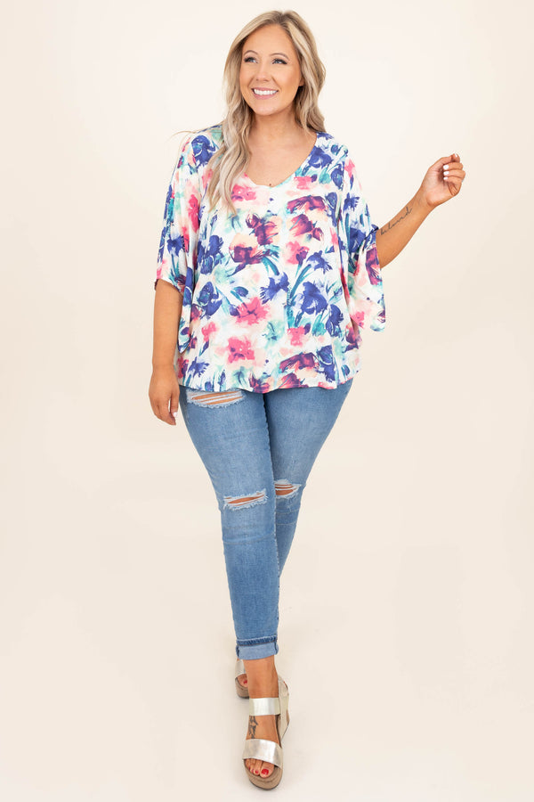 Chic Soul plus size clothing, ivory blue purple floral pattern 3/4 length bubble sleeve casual top