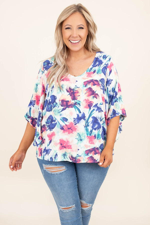 Chic Soul plus size clothing, ivory blue purple floral pattern 3/4 length bubble sleeve casual top