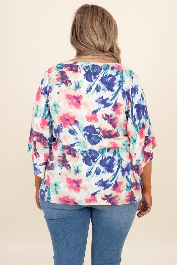 Chic Soul plus size clothing, ivory blue purple floral pattern 3/4 length bubble sleeve casual top